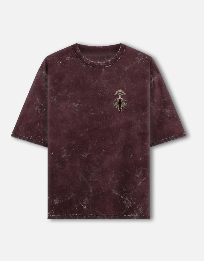 Rakta Roots Oversized Acid Wash Tee – Maroon