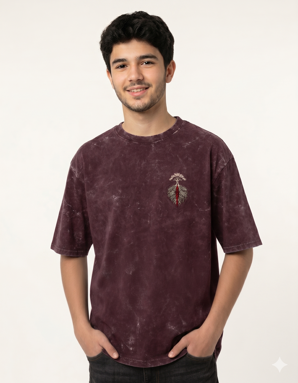 Rakta Roots Oversized Acid Wash Tee – Maroon