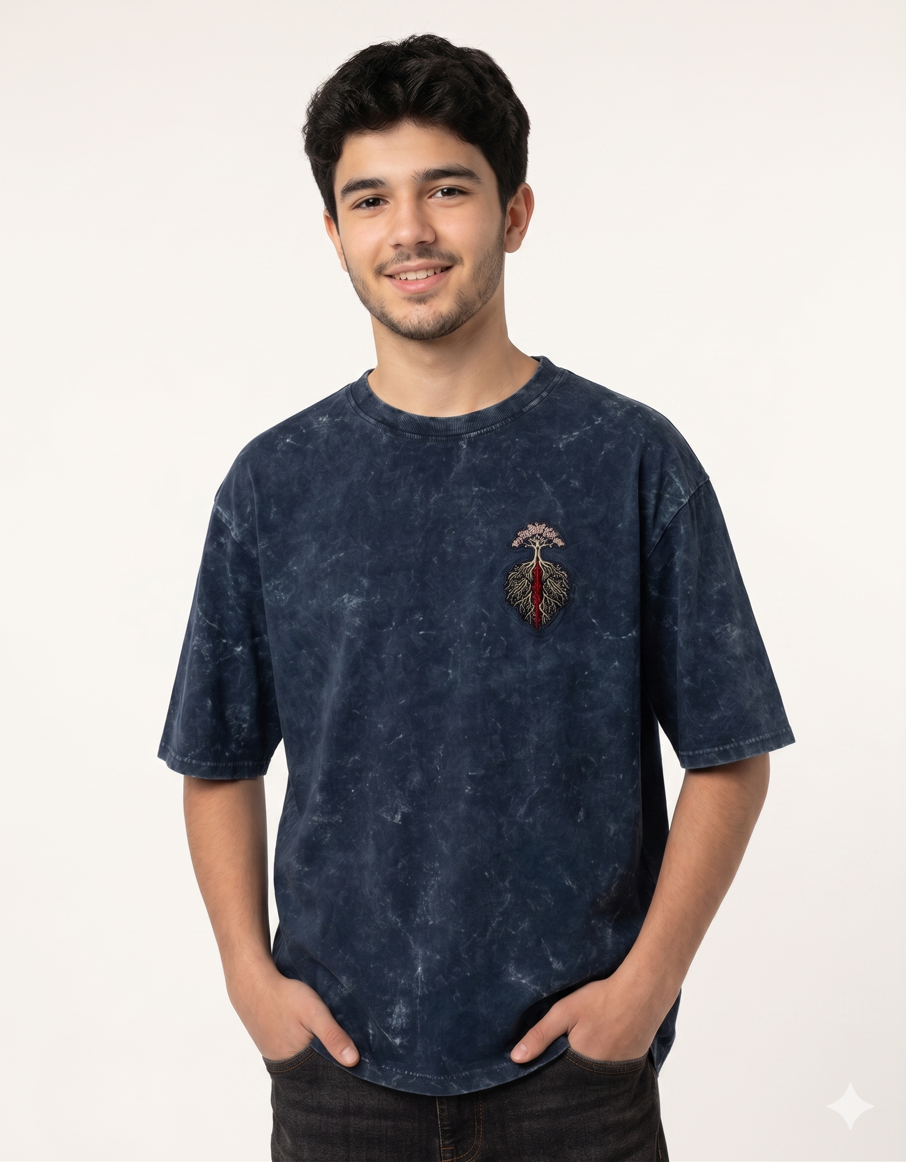 Rakta Roots Oversized Acid Wash Tee – Navy Blue